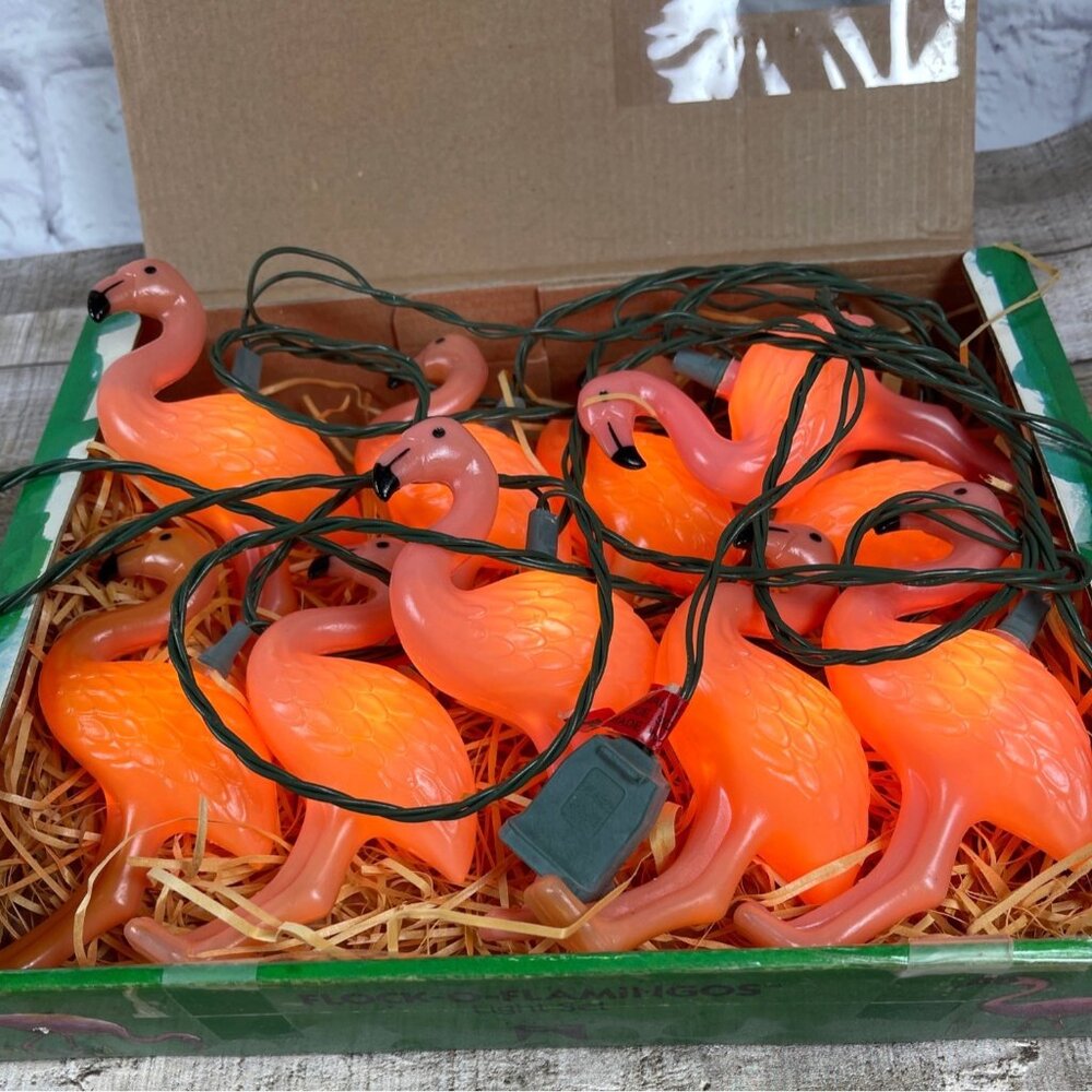 Pink Flamingo Flock Working String Light Set 10 Flamingo Lights Original Box VTG - Picture 3 of 14